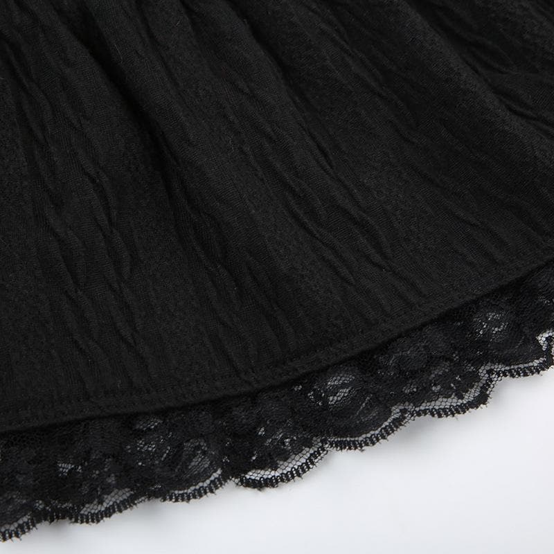Edgy Chic: Black Low-Rise Lace-Up Mini Skirt | Gothic Bows & Lace Hem for Fall & Halloween