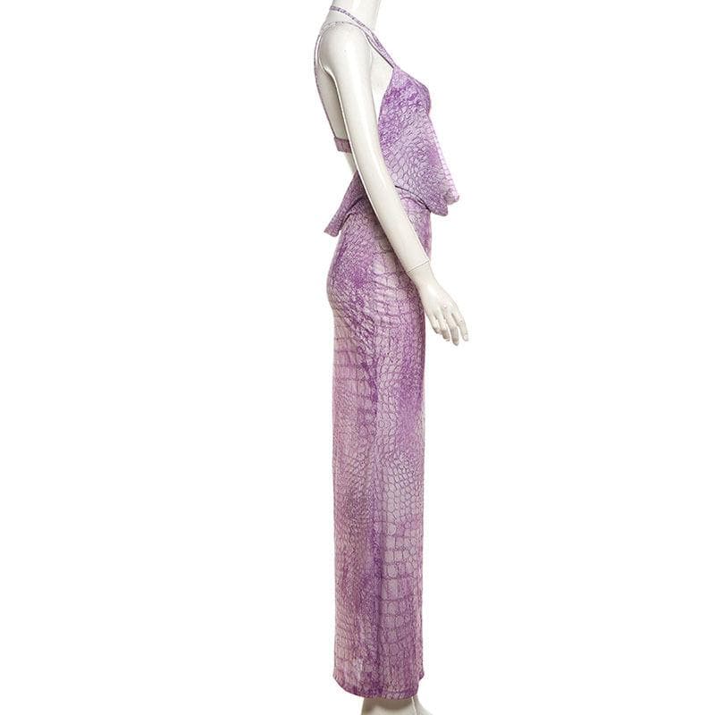 Mystic Allure Halter Maxi Dress | Lavender Croc Print Cut-Out for Fall Parties