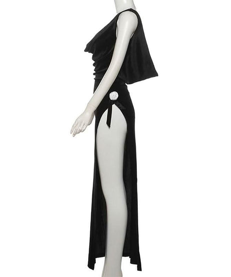 The Opulent Velvet Maxi: Black Cowl Neck Gown with Slit & Backless Design | Fall & Holiday Party Ready