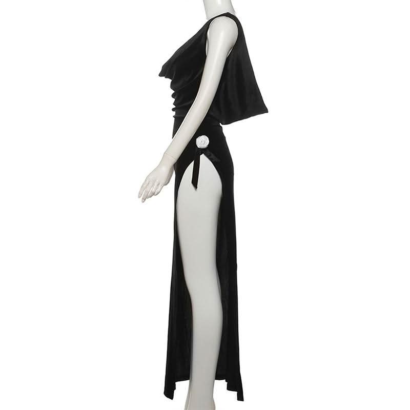 The Opulent Velvet Maxi: Black Cowl Neck Gown with Slit & Backless Design | Fall & Holiday Party Ready