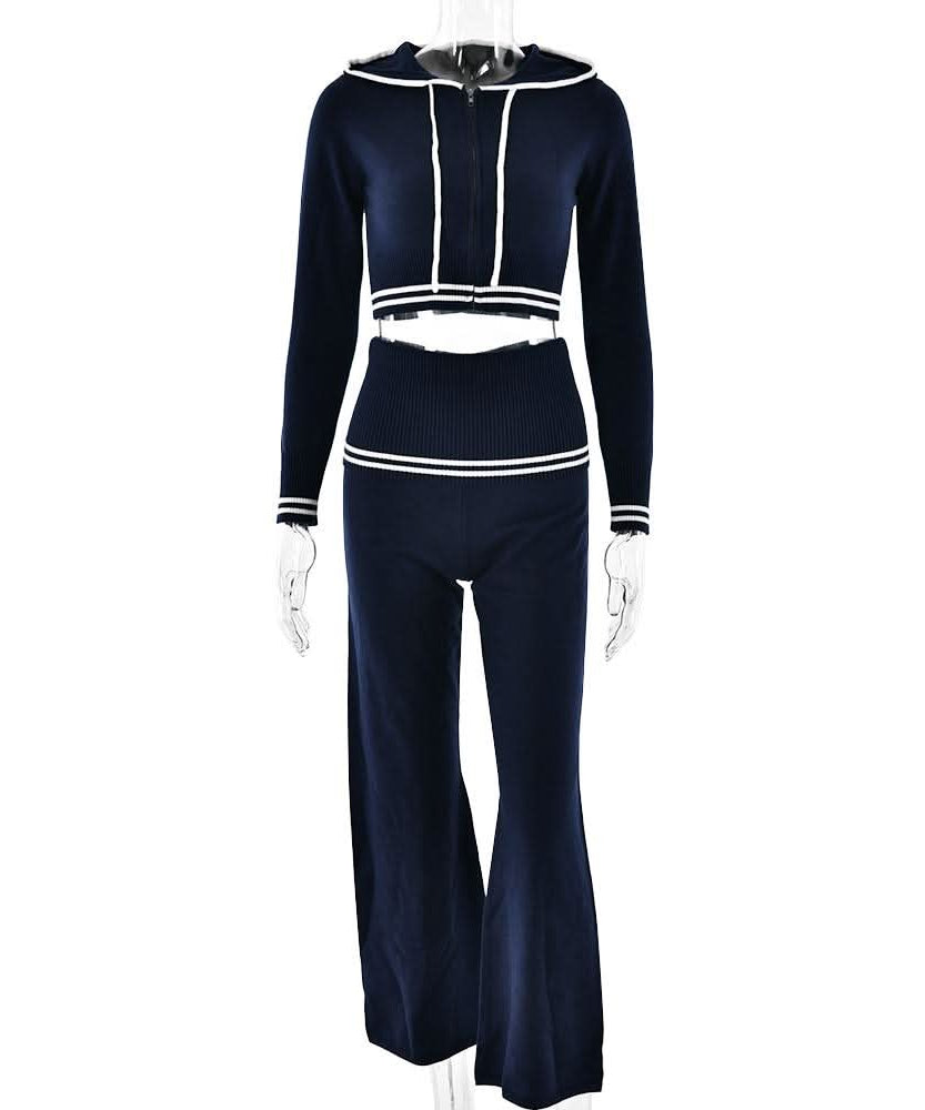 Autumn Luxe: Sailor Chic Knit Crop Hoodie & Flare Pant Set
