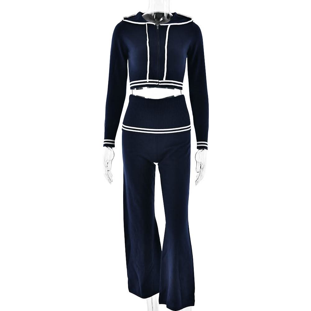 Autumn Luxe: Sailor Chic Knit Crop Hoodie & Flare Pant Set