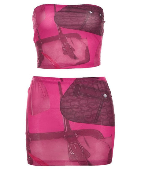 Head-Turning Hot Pink Handbag Print Two-Piece Set | Y2K Tube Top & Mini Skirt