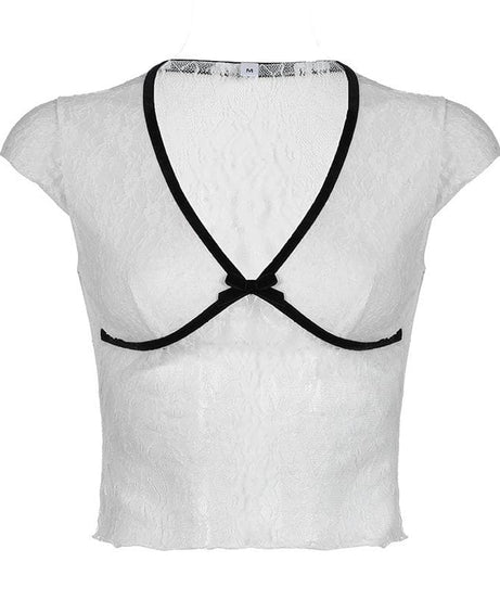Autumn Allure Sheer Lace Crop Top | Romantic V-Neck, Bow & Contrast Trim | Trendy Fall Going Out Piece