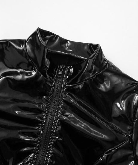 Sultry Wet Look Patent Leather Cropped Set - Edgy Clubwear & Halloween Ready