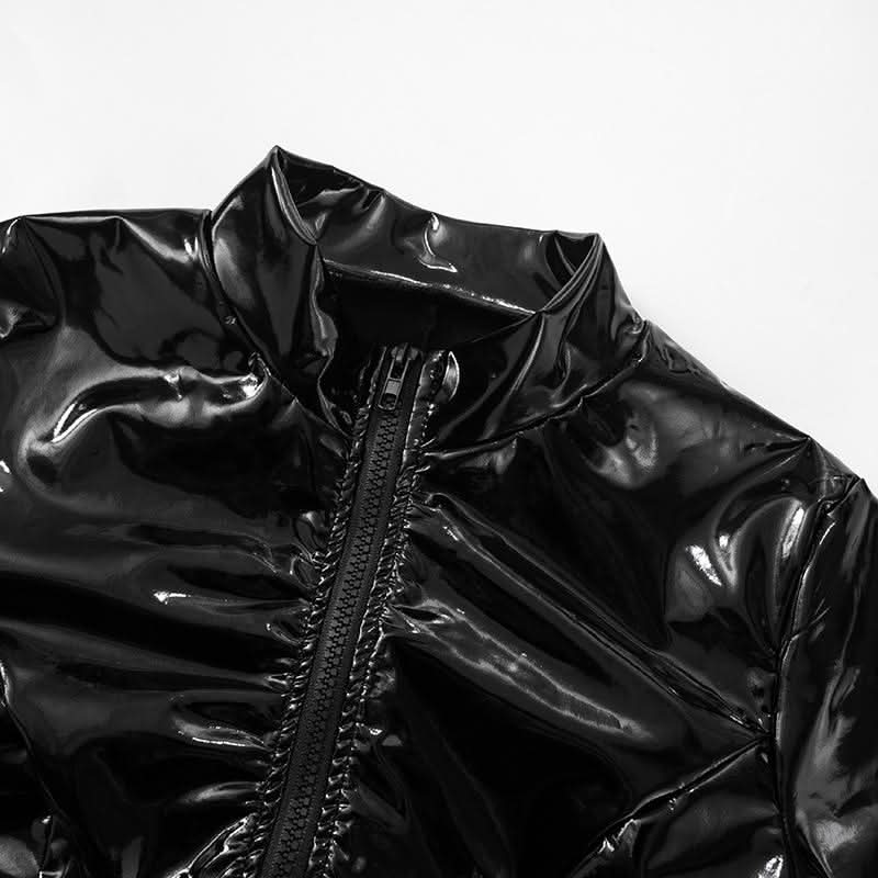 Sultry Wet Look Patent Leather Cropped Set - Edgy Clubwear & Halloween Ready