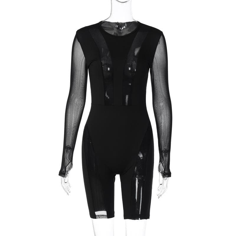 The 'Enigma' Sheer Mesh Patchwork Long Sleeve Romper - Fall Nights Out & Halloween Party Ready
