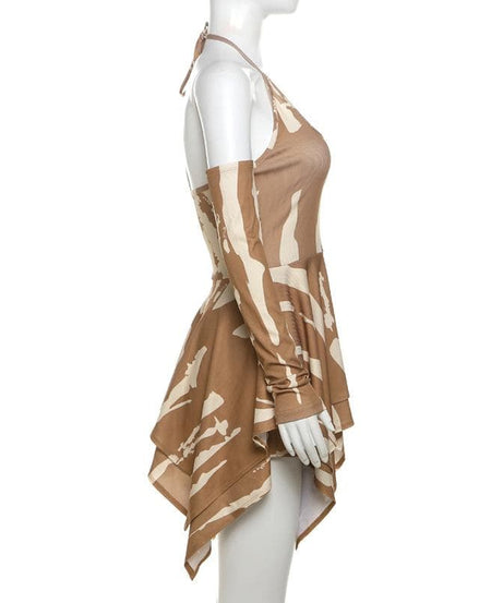 Edgy Fall Nights: Abstract Print Halter Cut-Out Mini Dress with Cold Shoulder Sleeves