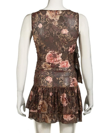 Enchanting Autumn Bloom Asymmetrical Ruffle Mini Dress