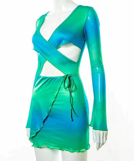 Electric Ombre Cutout Mini Dress - Long Sleeve Tie-Side Bodycon for Fall Nights