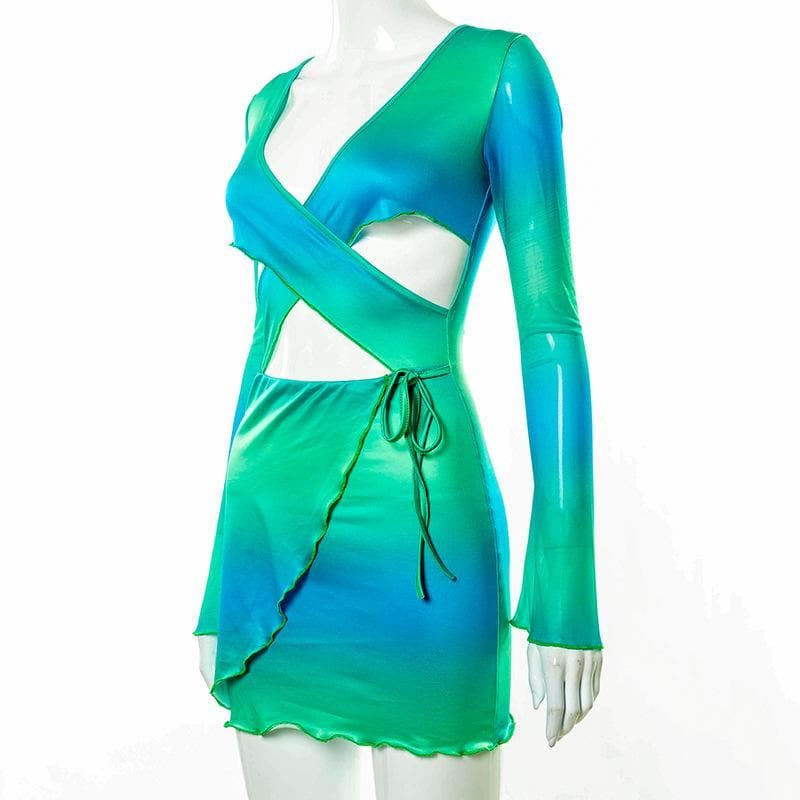 Electric Ombre Cutout Mini Dress - Long Sleeve Tie-Side Bodycon for Fall Nights
