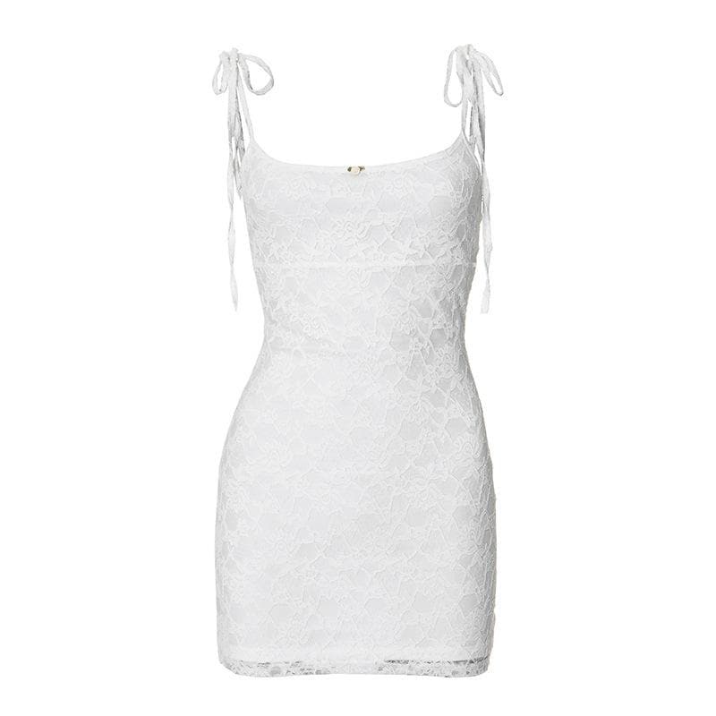 Flirty & Chic: White Lace Tie-Strap Mini Dress - Your Perfect Pick for Fall Parties & Getaways