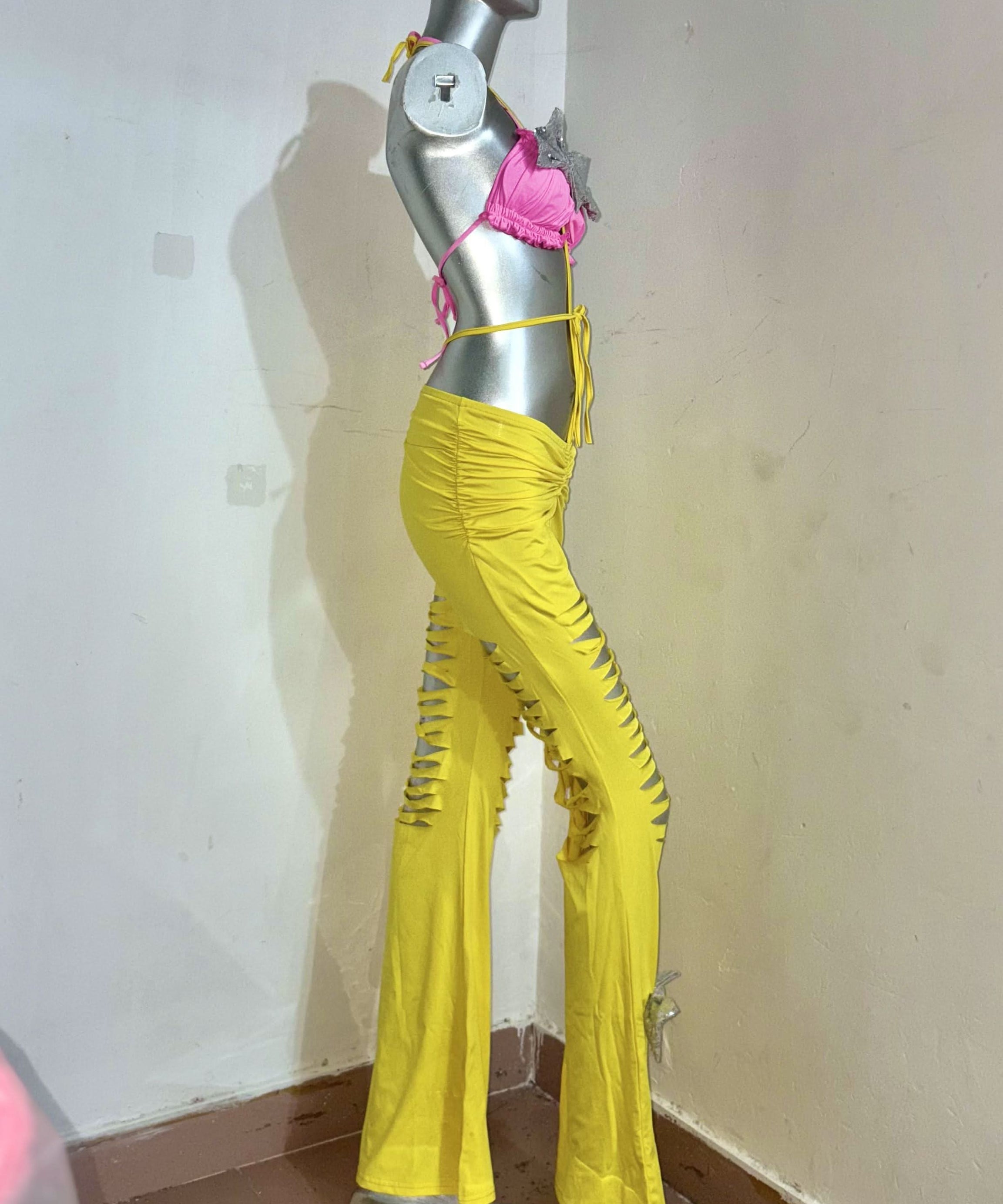 Vibrant Pink Bow Halter & Yellow Cutout Pants Set - The Ultimate Party & Resort Wear