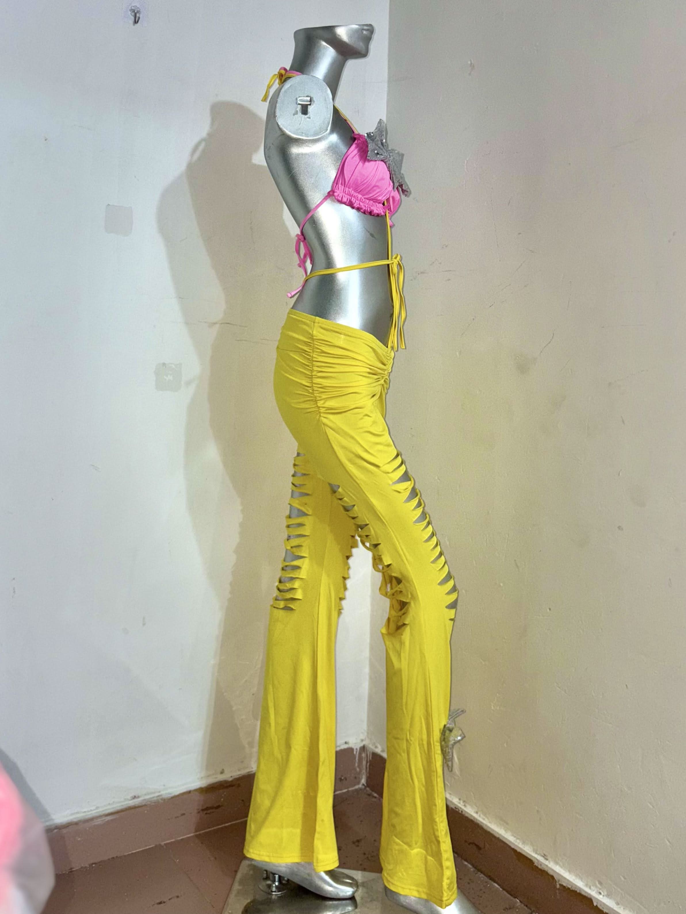 Vibrant Pink Bow Halter & Yellow Cutout Pants Set - The Ultimate Party & Resort Wear