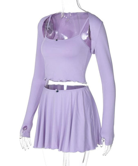 Lavender Dreamland: Chic 3-Piece Scalloped Crop Top, Flowy Mini Skirt & Long Sleeve Bolero Set – Your Fall Style Essential