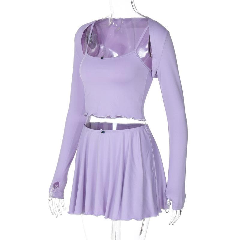 Lavender Dreamland: Chic 3-Piece Scalloped Crop Top, Flowy Mini Skirt & Long Sleeve Bolero Set – Your Fall Style Essential