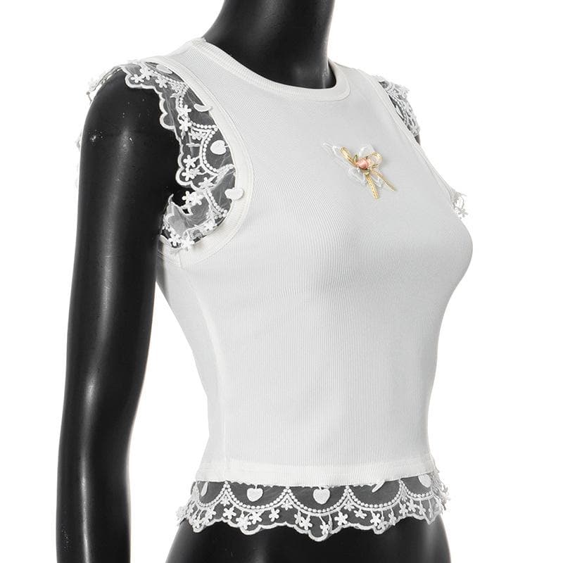Coquette Butterfly Lace Ribbed Top - Sweet Fall Fashion Essential