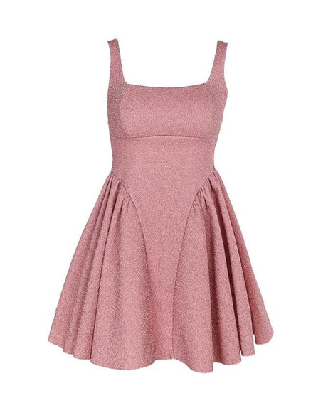 Glam Pink Shimmer Mini Dress - Square Neck A-Line for Fall & Holiday Parties