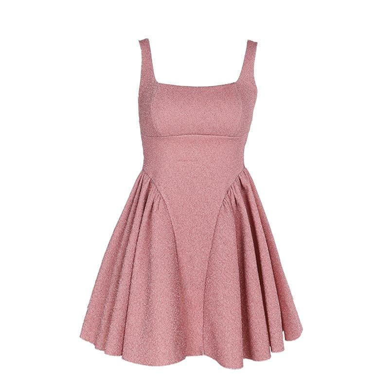 Glam Pink Shimmer Mini Dress - Square Neck A-Line for Fall & Holiday Parties