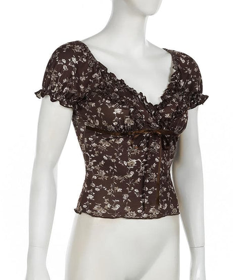 Autumn Bloom Brown Floral Sweetheart Top - Chic Puff Sleeve Ruffle Blouse