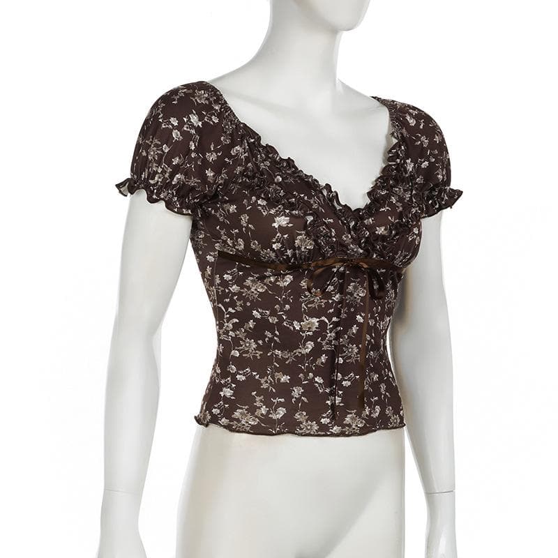 Autumn Bloom Brown Floral Sweetheart Top - Chic Puff Sleeve Ruffle Blouse