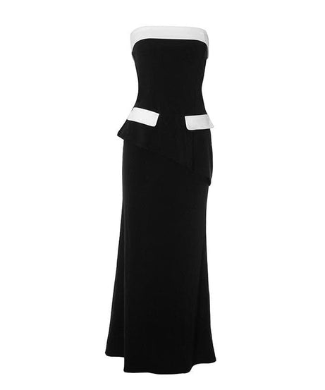 Timeless Elegance: Strapless Black & White Maxi Dress - Holiday & Gala Ready