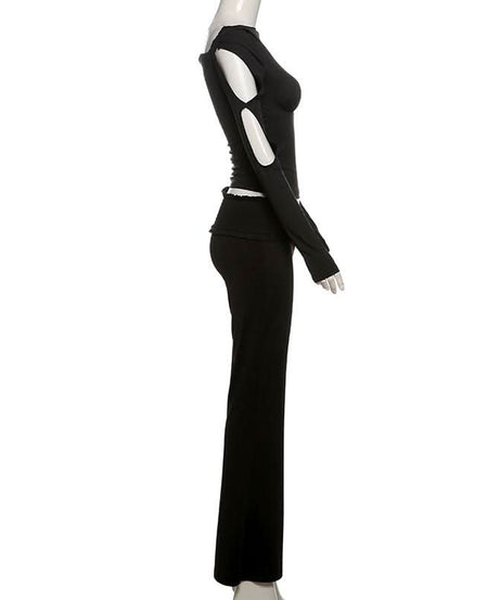 Effortless Autumn Chic: Black Off-Shoulder Top & Flare Pant Set