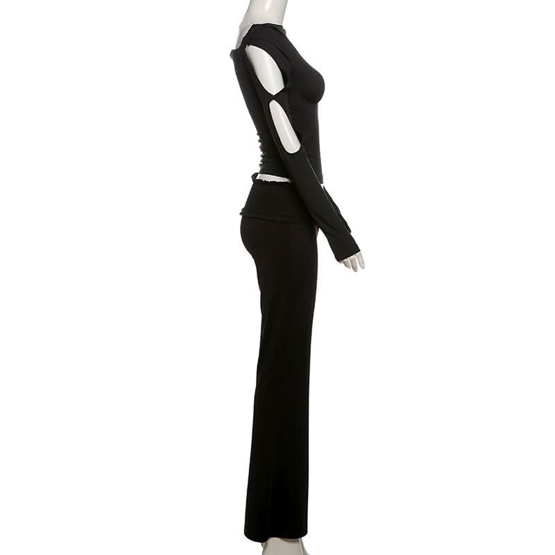 Effortless Autumn Chic: Black Off-Shoulder Top & Flare Pant Set