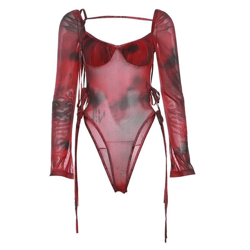 Autumn Edge: Ruched Tie-Dye Mesh Bodysuit with Cutout Ties – Your Go-To for Fall Parties & Halloween