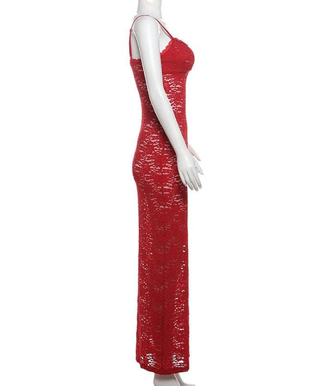 Sultry Red Lace Maxi Dress | Backless & Figure-Flattering for Fall & Holiday Glamour