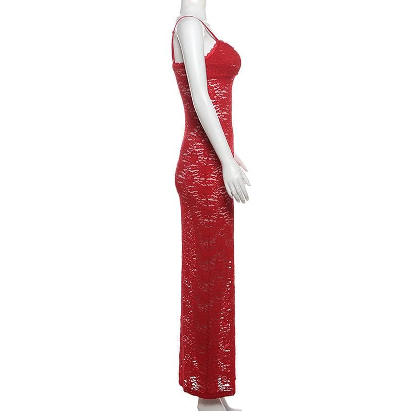 Sultry Red Lace Maxi Dress | Backless & Figure-Flattering for Fall & Holiday Glamour
