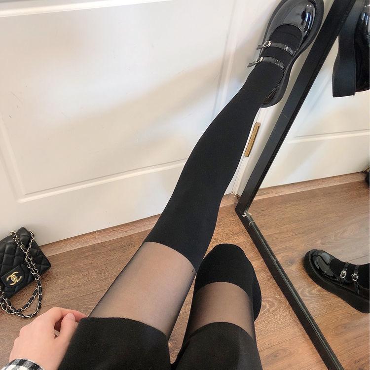 Fall Fashion Faux Thigh-High Tights: Chic Two-Tone Sheer & Opaque Style