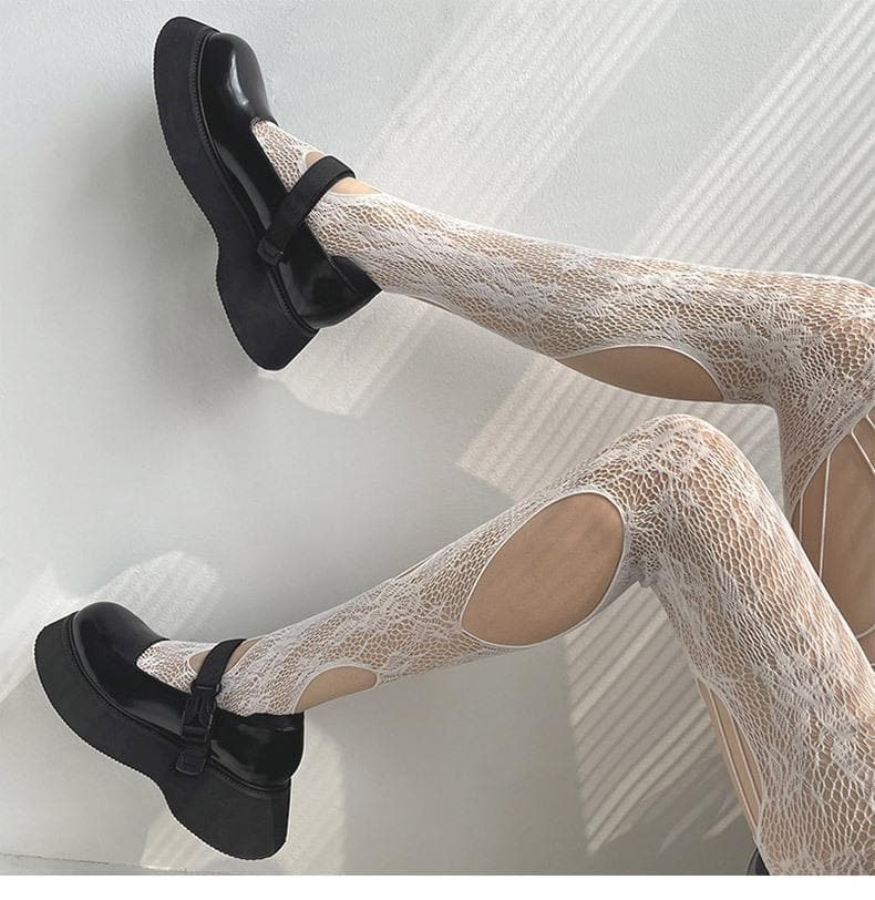 Enchanting White Floral Lace Cutout Tights - Spooky Chic Fall Statement Hosiery