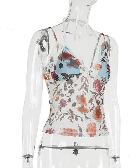 Y2K Romantic Floral Mesh Halter Top with Lace Trim - Autumn Bloom Sheer Cami