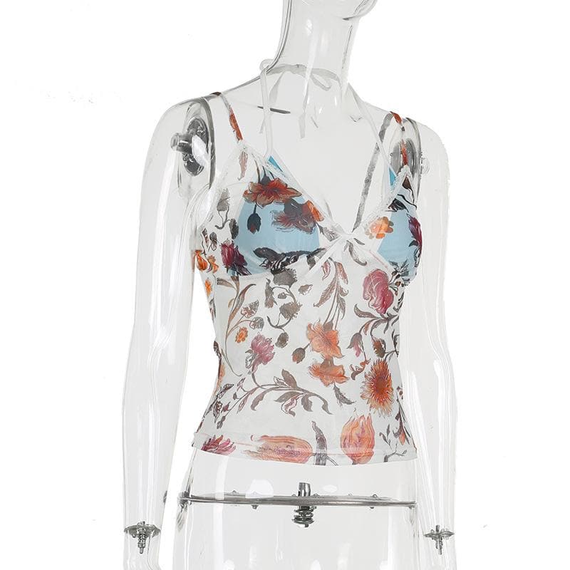 Y2K Romantic Floral Mesh Halter Top with Lace Trim - Autumn Bloom Sheer Cami