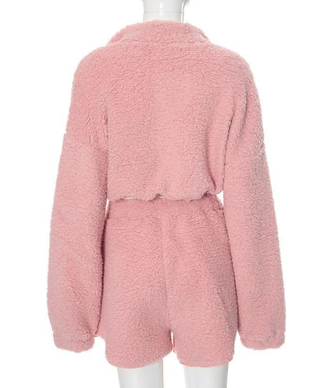 Cozy Chic Pink Sherpa Loungewear Set: Cropped Zip-Up Top & Comfy Shorts for Fall