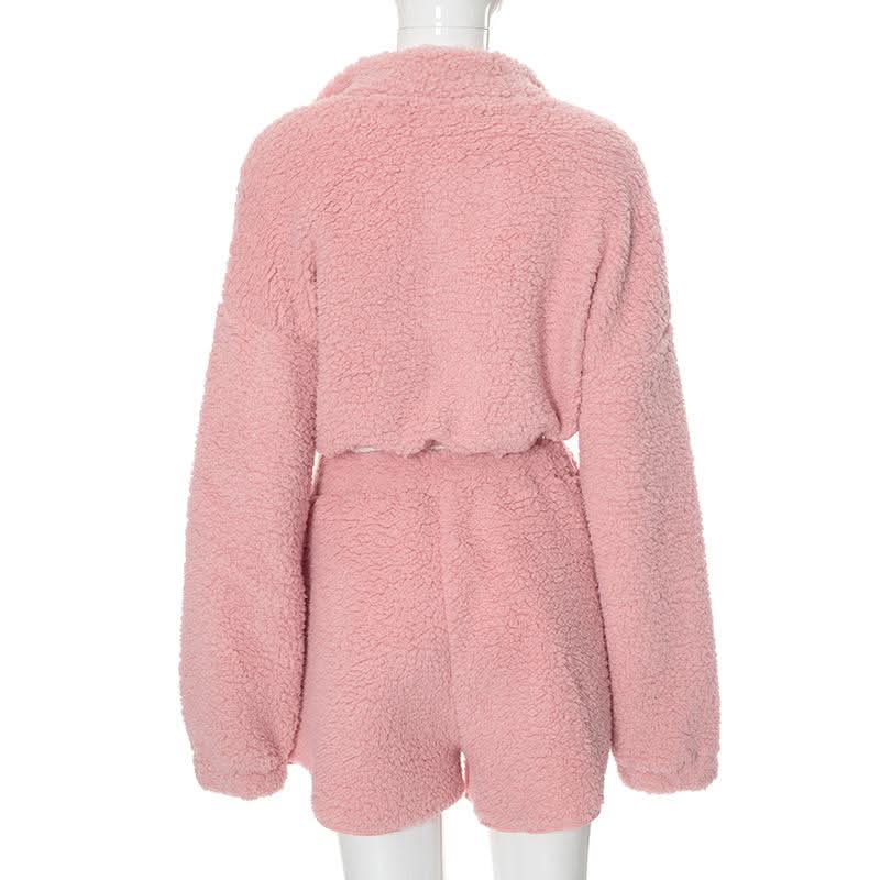 Cozy Chic Pink Sherpa Loungewear Set: Cropped Zip-Up Top & Comfy Shorts for Fall