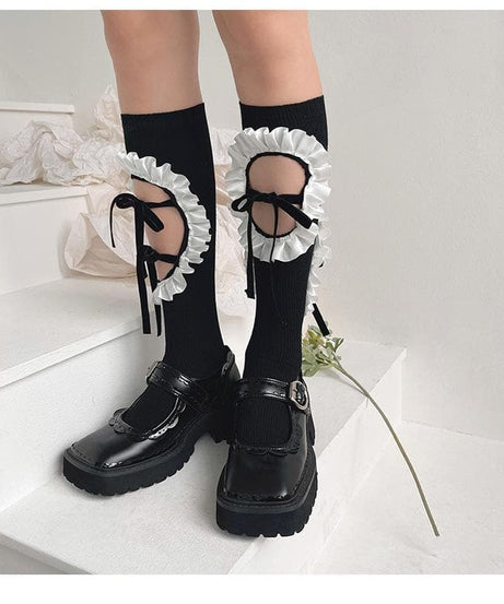 Vintage Chic Ruffled Bow Cut-Out Knee High Socks - Fall & Goth Academia Ready