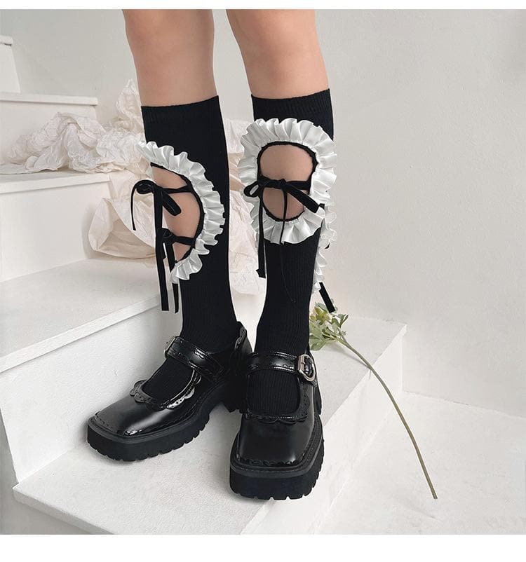 Vintage Chic Ruffled Bow Cut-Out Knee High Socks - Fall & Goth Academia Ready