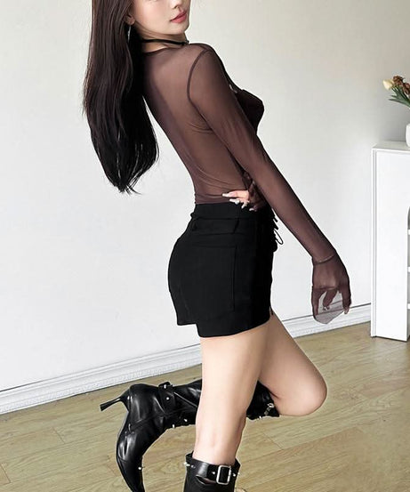 Autumn Allure: Espresso Mesh Corset Top - Edgy Lace-Up Long Sleeve for Fall Nights