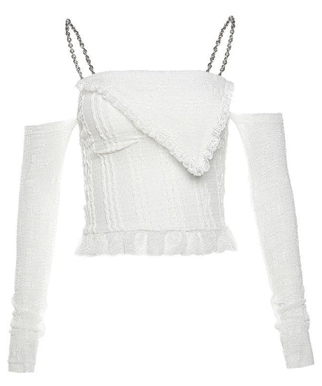 Edgy Glam Chain Strap Off-Shoulder Top with Sheer Floral Arm Warmers - Your Fall Party Statement