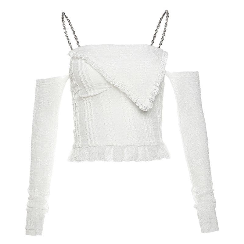 Edgy Glam Chain Strap Off-Shoulder Top with Sheer Floral Arm Warmers - Your Fall Party Statement