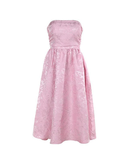 Blush Pink Textured Strapless Midi Dress with Chic Lace-Up Back – Your Holiday & Fall Party Essential