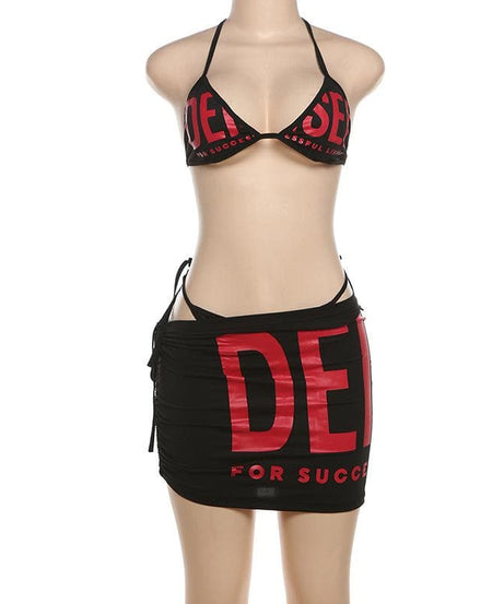 Fall Getaway Ready: Bold Graphic Halter Crop Top & Ruched Mini Skirt Set – Your Statement Night Out & Vacation Essential