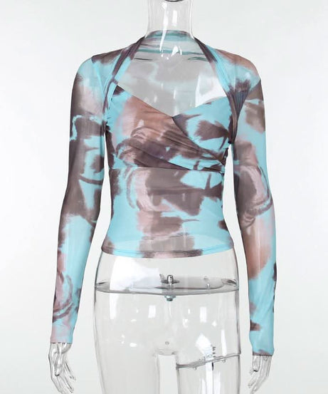 Autumn Edge Tie-Dye Mesh Wrap Top - Chic Long Sleeve Sheer Style