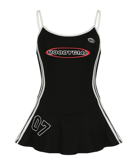Y2K Retro "MOODYGIAL" Sporty Cami Mini Dress - Athleisure Stripes & "07" for Trendy US Style