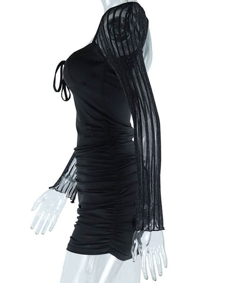 Sparkle & Slay: Black Ruched Mini Dress with Sheer Glitter Statement Sleeves