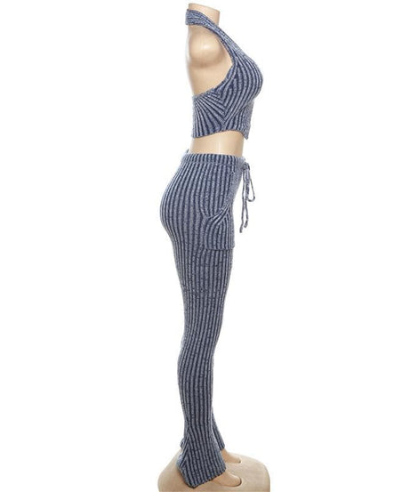 Effortless Chic Striped Knit Halter Top & Lounge Pants Set - Fall Comfort Must-Have