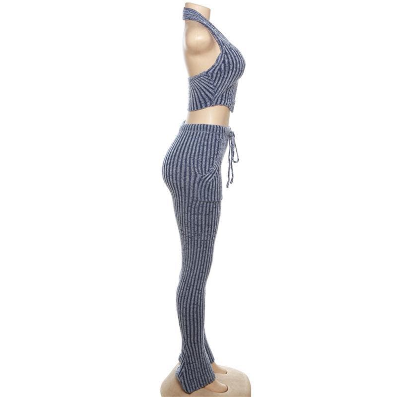 Effortless Chic Striped Knit Halter Top & Lounge Pants Set - Fall Comfort Must-Have
