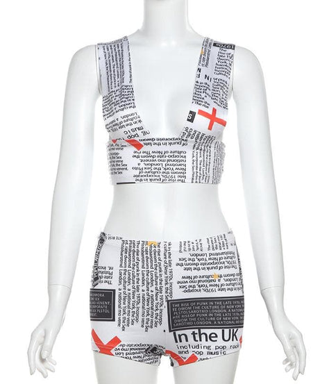 Fall Fashion Statement: Newsprint Graphic Deep V Crop Top & Bodycon Shorts Set for Women